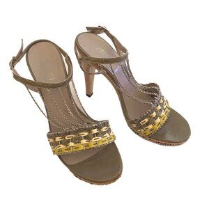 Fendi Tan & Yellow High Wood Heel Sandal, Chain Detail, Ankle Strap Size 4.5